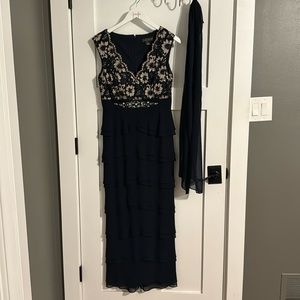 Jessica Howard 8P Navy Blue Dress. Stunning Timeless Classic with Sheer Shawl